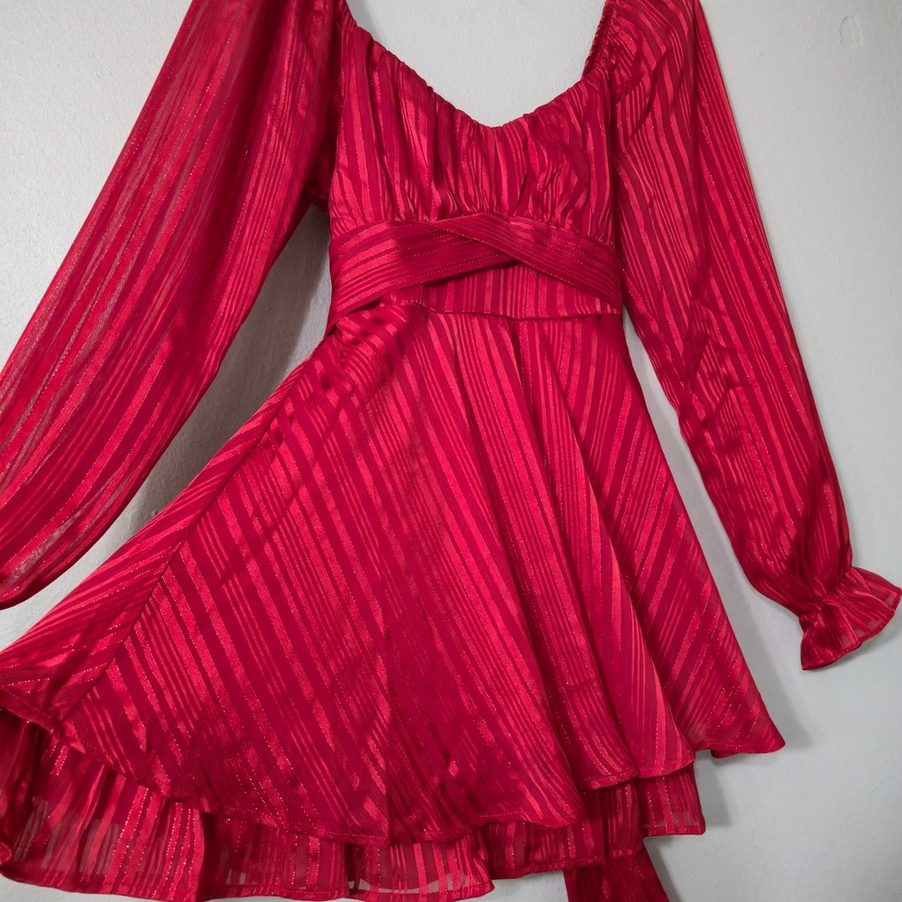 Red Shimmer Stripe Mini Dress Long Sleeve Ruffle Tiered Skater Dress Medium